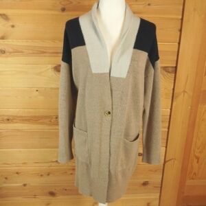 LOFT Fuzzy Tan Black Cream‎ Long Button Up Sweater Size XL